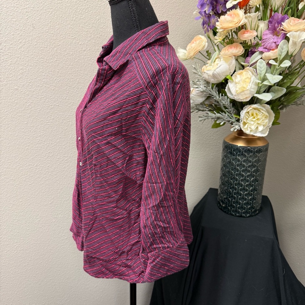 Pink Metallic Stripe Button-Down Shirt L | Quizz Again Stretch Top - Picture 2 of 8